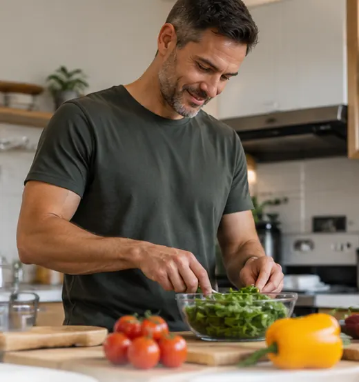 Hombre preparando una ensalada en su cocina